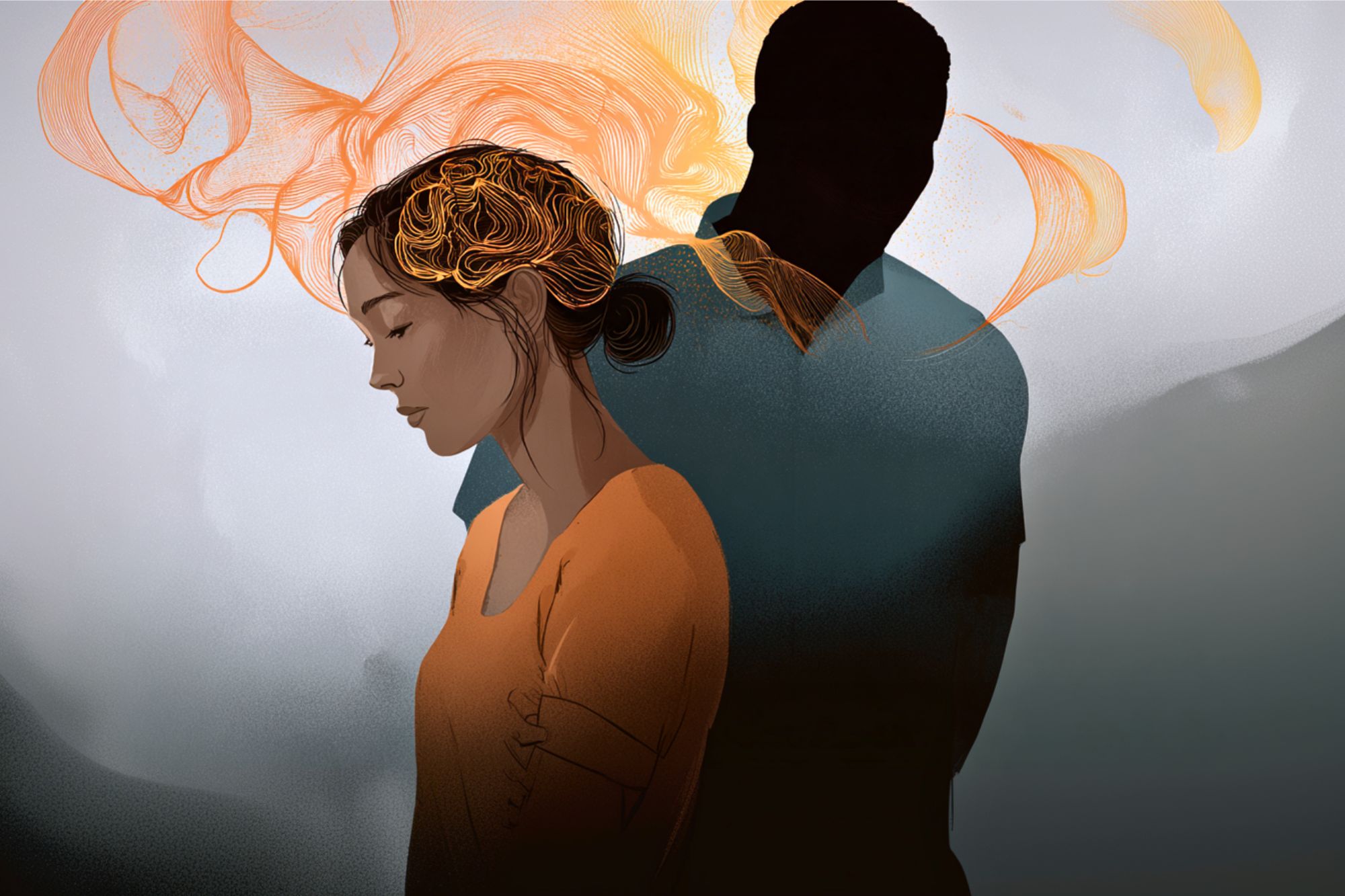 A digital illustration of a woman with closed eyes and orange swirling lines in her hair, standing in front of a shadowy figure. The background is muted with soft gray and orange tones.