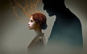 A woman with closed eyes stands before a dark male silhouette. Orange wires extend from her head, contrasting with muted colors and fog.