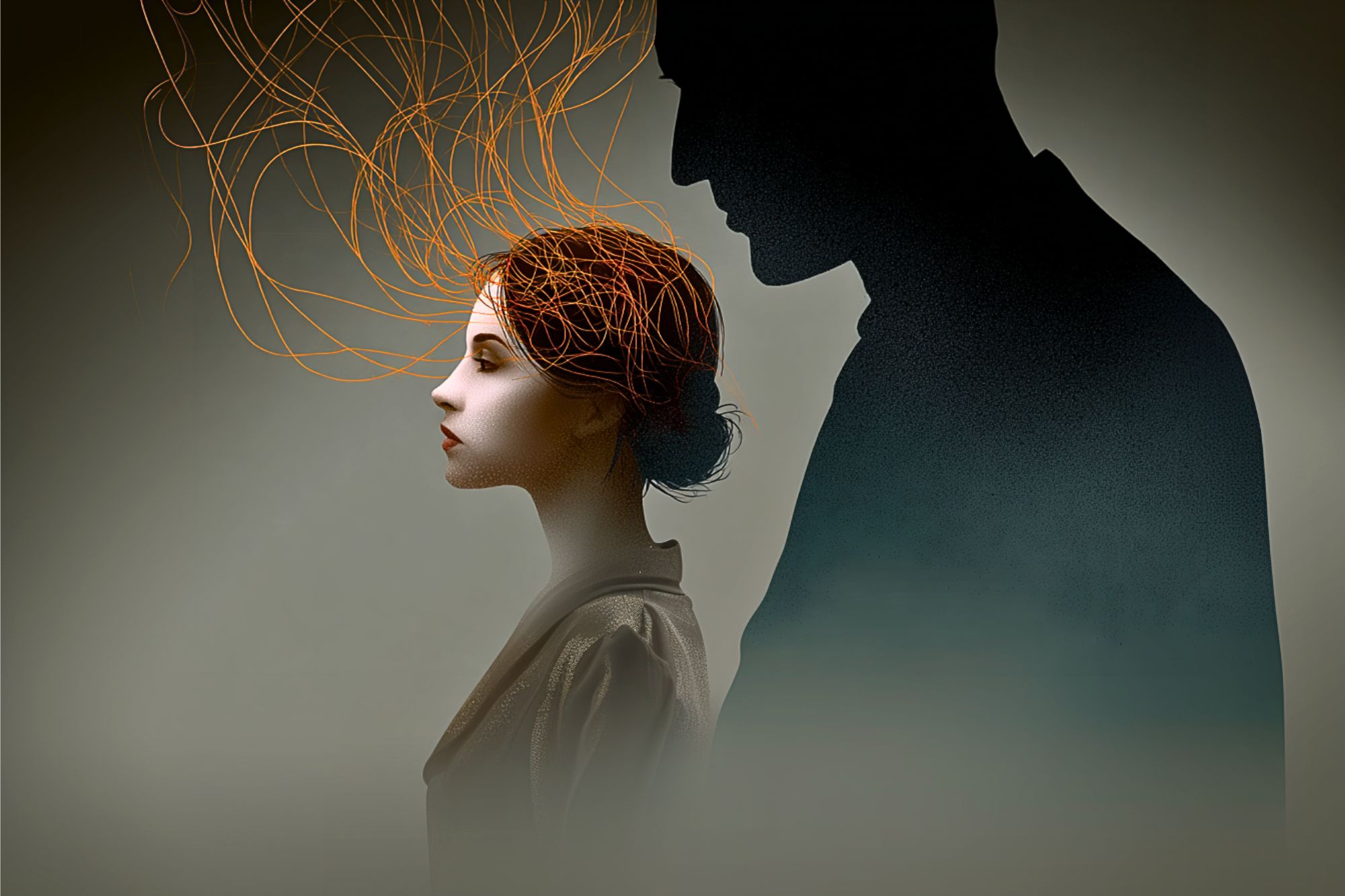 A woman with closed eyes stands before a dark male silhouette. Orange wires extend from her head, contrasting with muted colors and fog.