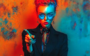 A woman with red hair in a bun, wearing blue-tinted round sunglasses and a dark blazer, points forward. Bold red and blue lighting creates a dramatic, colorful effect on her and the textured background.