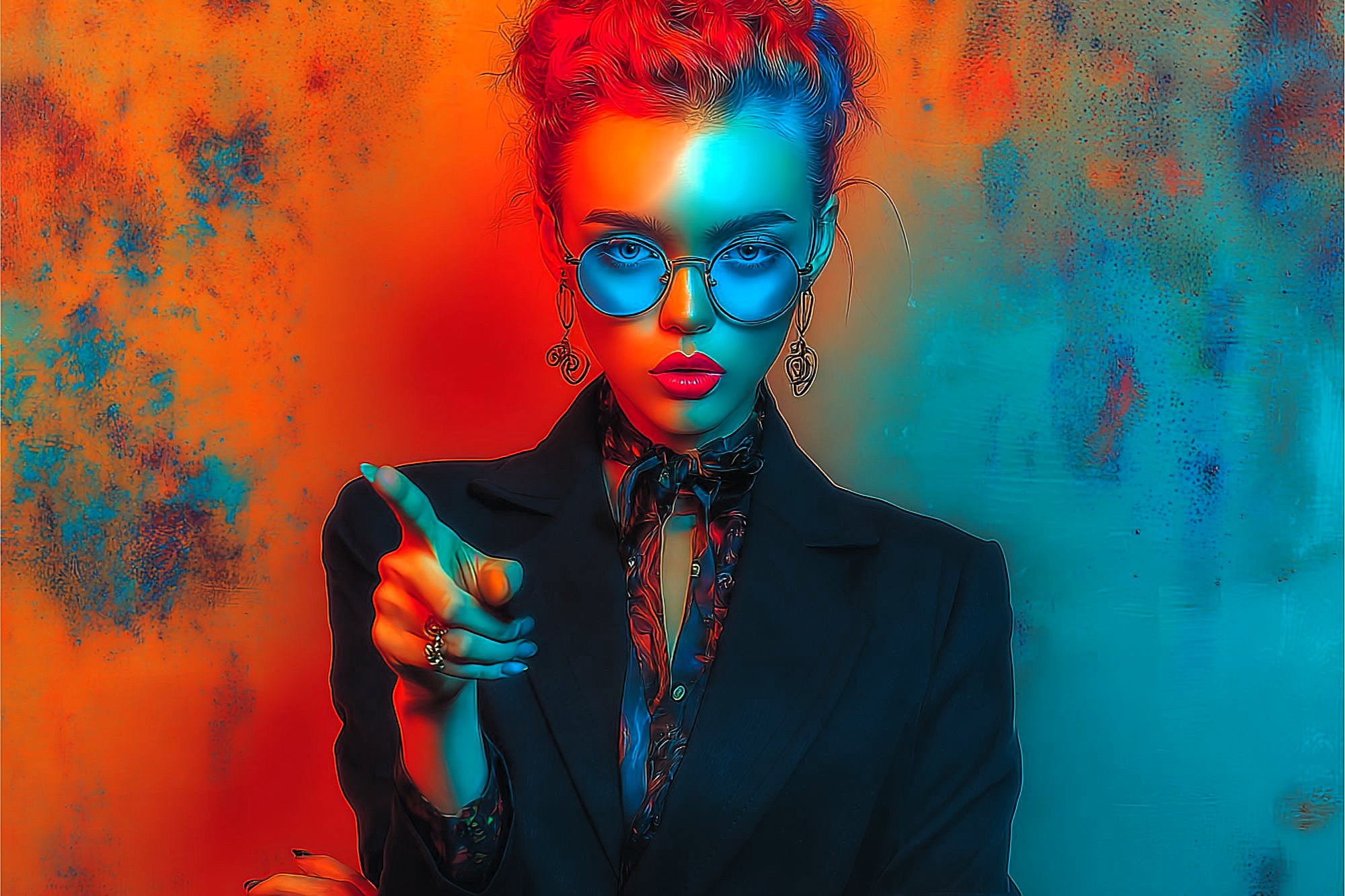 A woman with red hair in a bun, wearing blue-tinted round sunglasses and a dark blazer, points forward. Bold red and blue lighting creates a dramatic, colorful effect on her and the textured background.