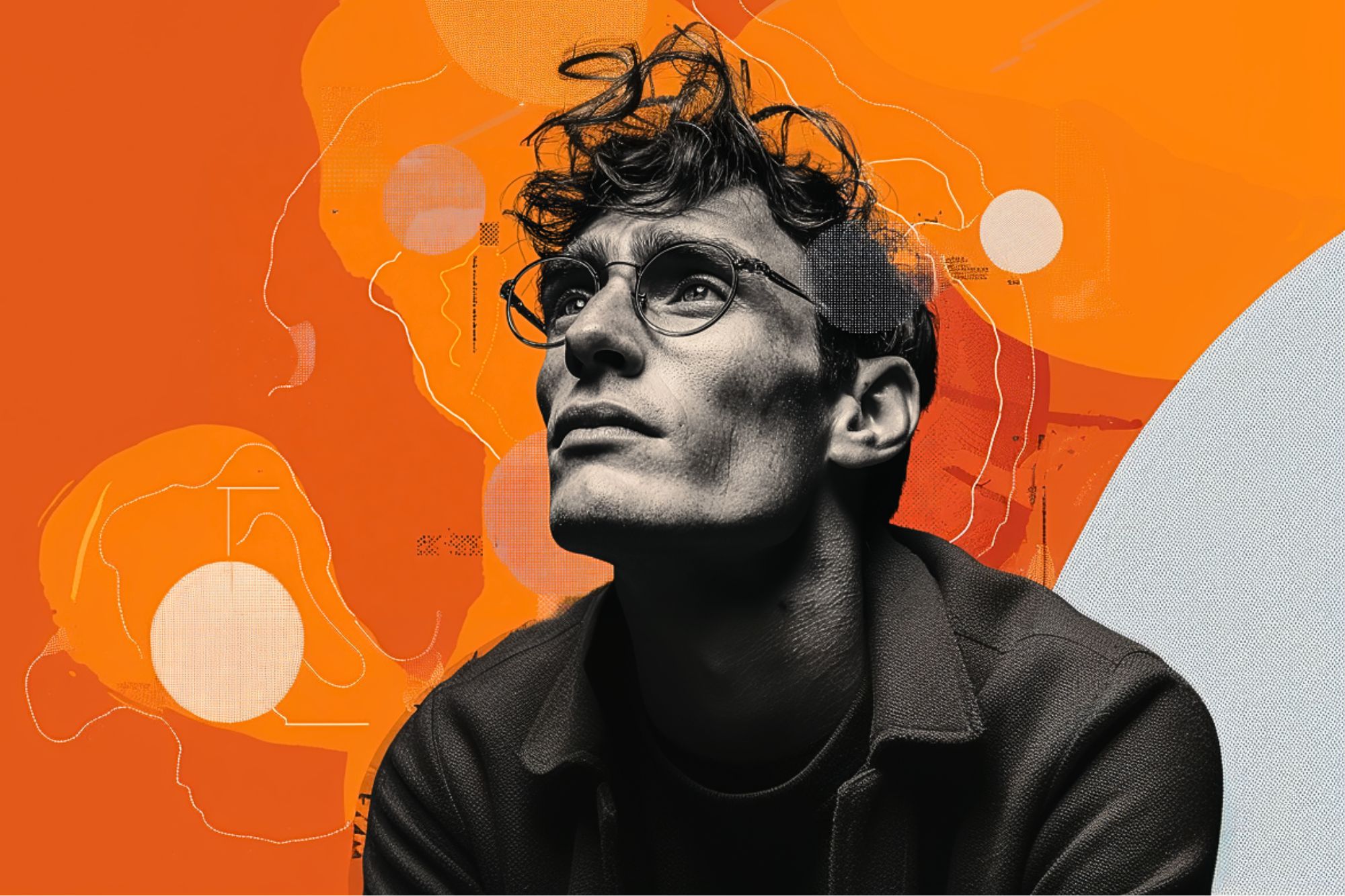 A young man with curly hair and glasses looks upward thoughtfully. The background features bold orange and white abstract shapes and patterns, blending artistic elements with a modern, creative vibe.