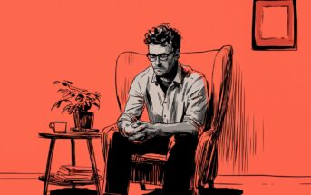 A man with glasses sits pensively in an armchair, hands clasped, beside a small table with a plant and mug, against a bold orange background with a framed picture on the wall.
