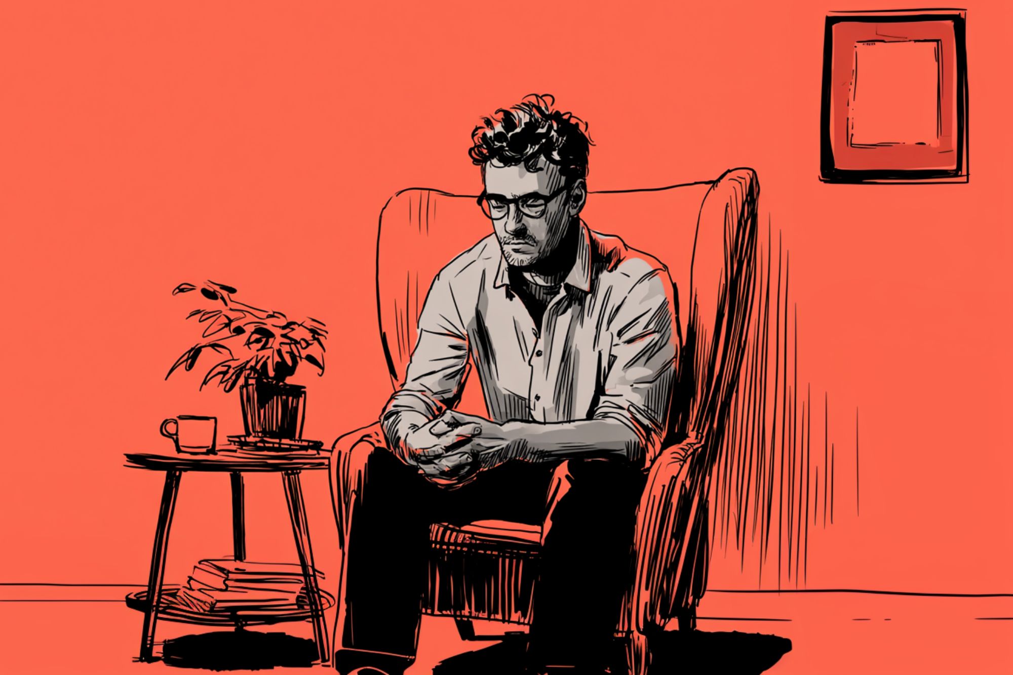 A man with glasses sits pensively in an armchair, hands clasped, beside a small table with a plant and mug, against a bold orange background with a framed picture on the wall.
