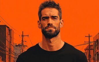 A bearded man with short hair and a serious expression stands outdoors against an orange background, with buildings and telephone poles visible behind him. The image has a stylized, illustrated effect.