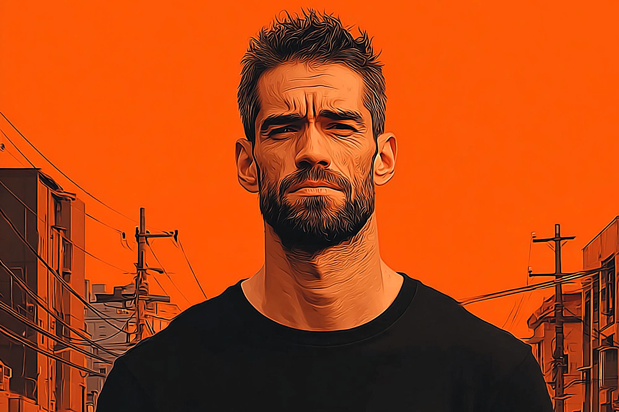 A bearded man with short hair and a serious expression stands outdoors against an orange background, with buildings and telephone poles visible behind him. The image has a stylized, illustrated effect.