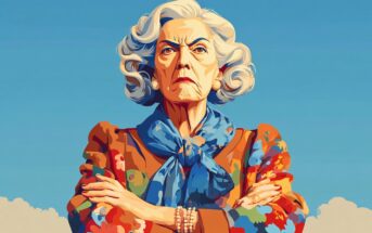 An older woman with gray curly hair, wearing a colorful floral jacket and blue scarf, stands with her arms crossed and a stern expression against a clear blue sky.