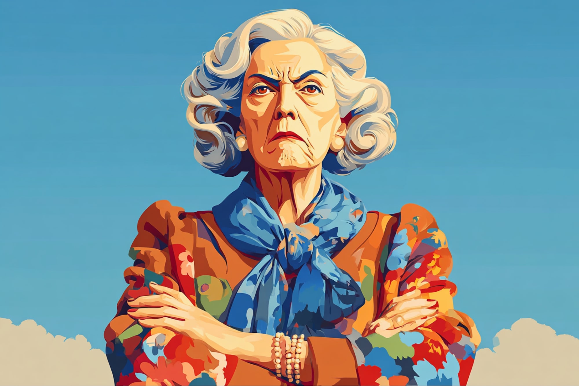 An older woman with gray curly hair, wearing a colorful floral jacket and blue scarf, stands with her arms crossed and a stern expression against a clear blue sky.