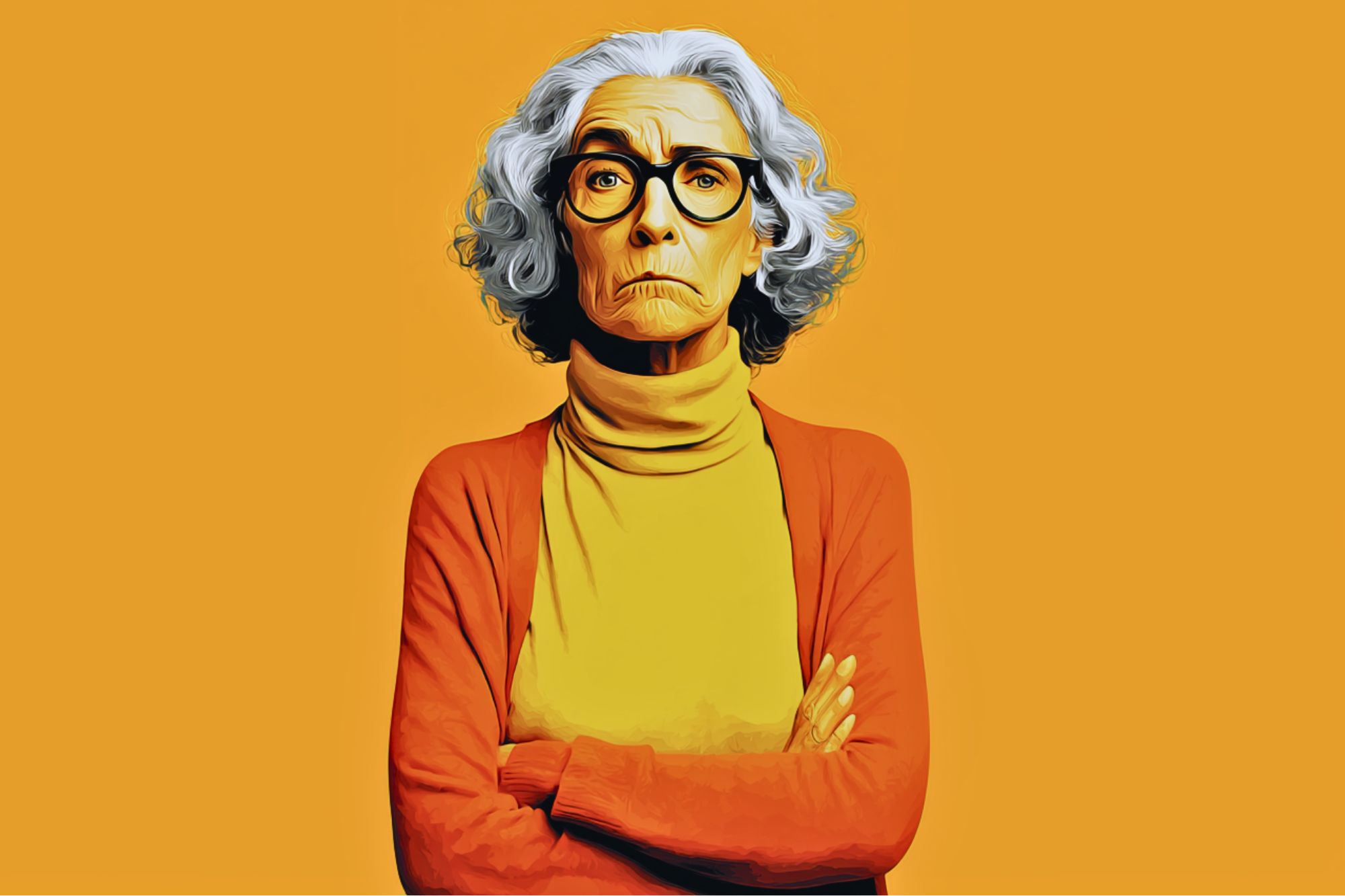 An older woman with gray curly hair, wearing glasses, a yellow turtleneck, and an orange cardigan, stands with arms crossed against a solid orange background, looking serious.