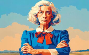 An older woman with white hair, wearing a blue dress with a red bow, stands with arms crossed against a backdrop of open fields and a blue sky with clouds. She has a serious and determined expression.