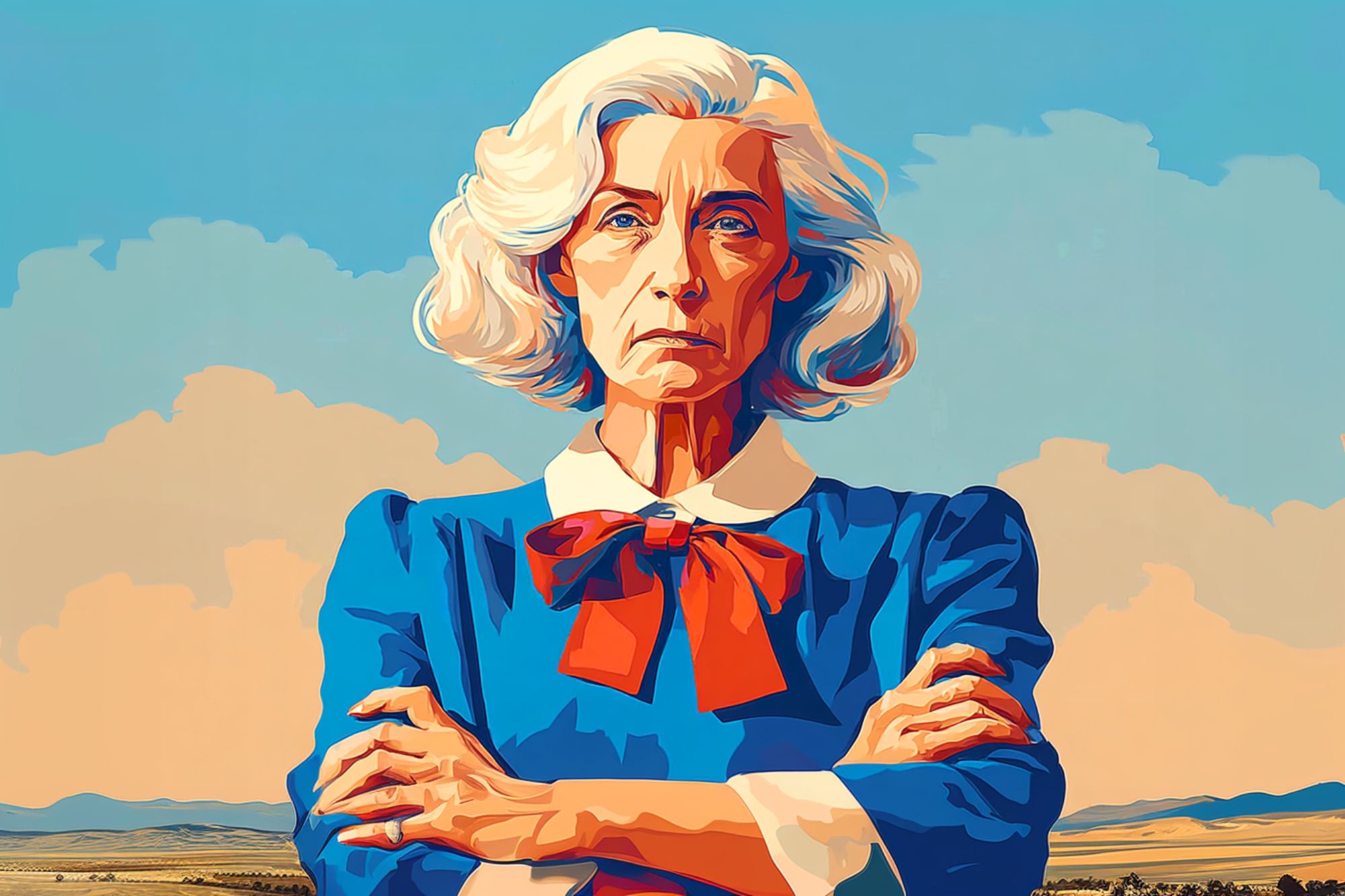 An older woman with white hair, wearing a blue dress with a red bow, stands with arms crossed against a backdrop of open fields and a blue sky with clouds. She has a serious and determined expression.