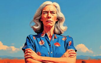 Older woman with gray hair, wearing a blue floral shirt, stands outdoors with arms crossed against a blue sky and orange landscape, looking serious. Image has a vibrant, illustrated style.
