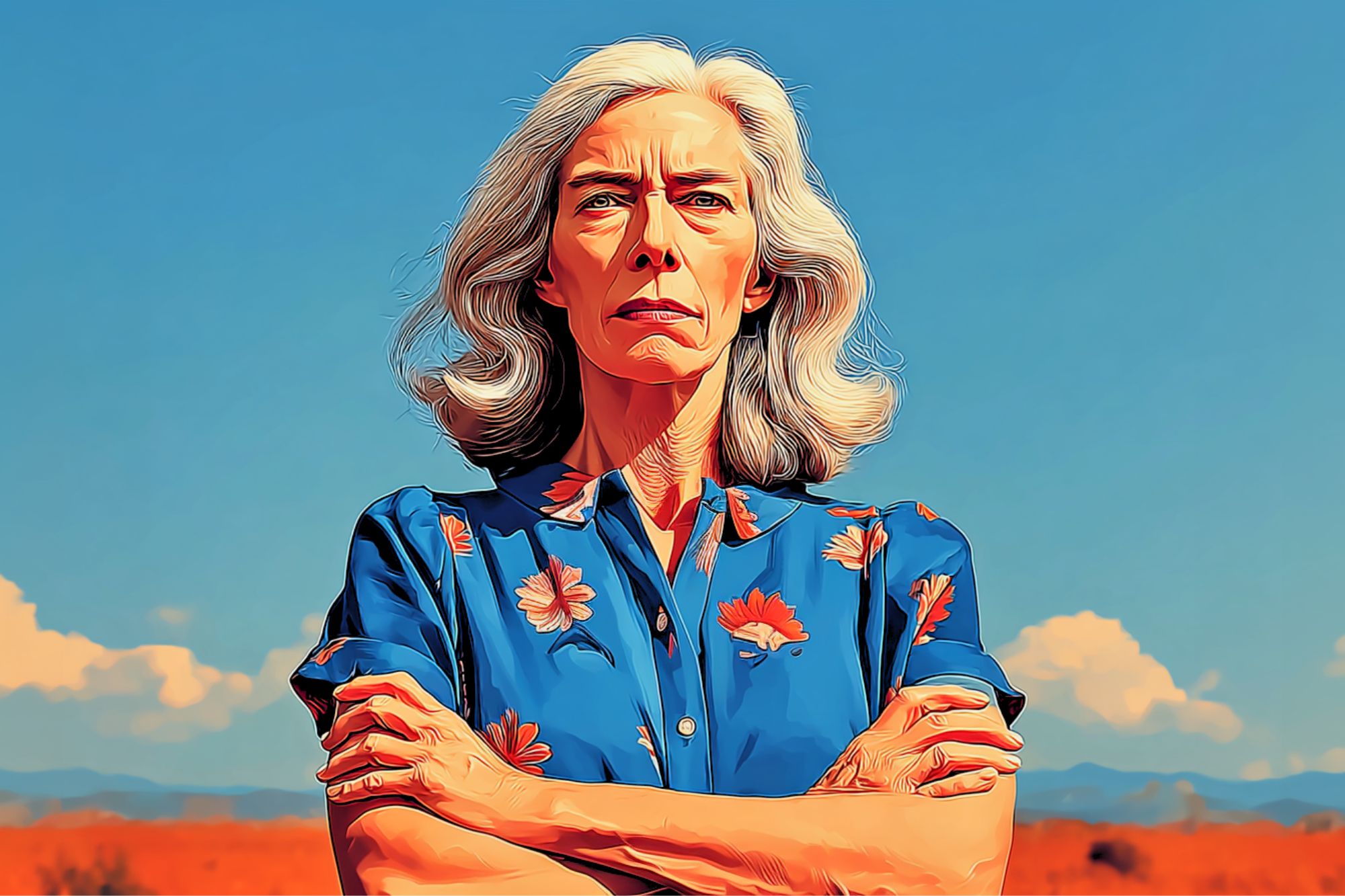Older woman with gray hair, wearing a blue floral shirt, stands outdoors with arms crossed against a blue sky and orange landscape, looking serious. Image has a vibrant, illustrated style.