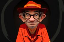An elderly man with large glasses, a red hat, and a bright orange shirt smiles warmly. The image has a cartoonish, illustrated style with exaggerated facial features and a dark background.