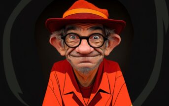 An elderly man with large glasses, a red hat, and a bright orange shirt smiles warmly. The image has a cartoonish, illustrated style with exaggerated facial features and a dark background.