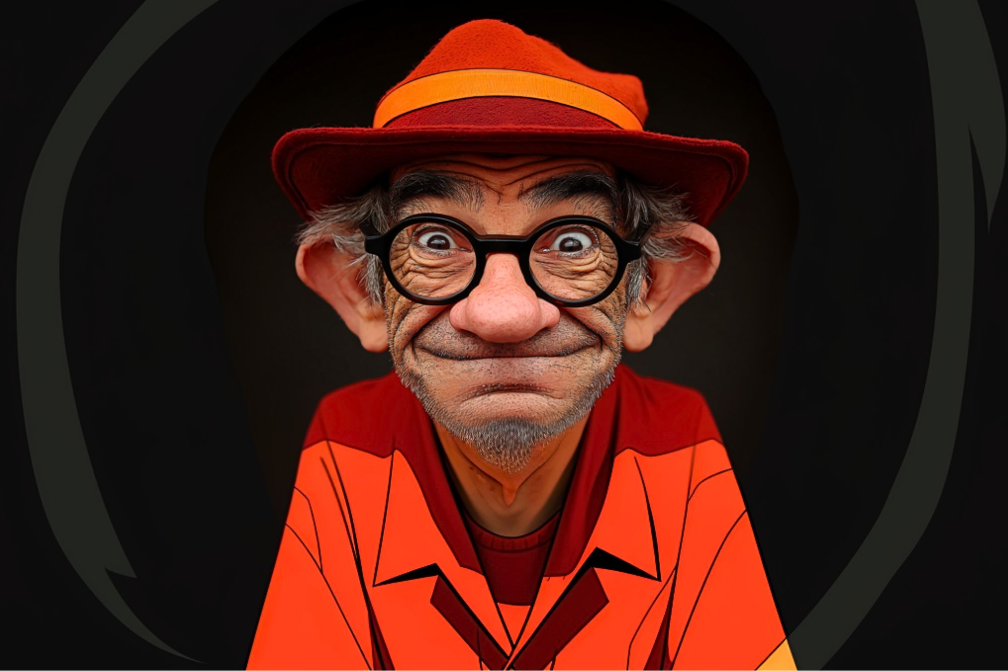 An elderly man with large glasses, a red hat, and a bright orange shirt smiles warmly. The image has a cartoonish, illustrated style with exaggerated facial features and a dark background.