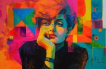 A vibrant, colorful painting of a pensive woman resting her chin on her hand, set against a bold geometric abstract background in bright pink, orange, teal, blue, and yellow hues.