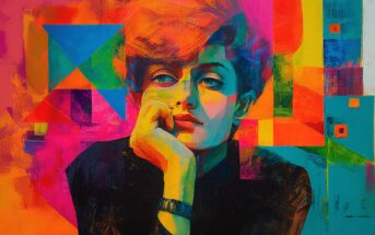 A vibrant, colorful painting of a pensive woman resting her chin on her hand, set against a bold geometric abstract background in bright pink, orange, teal, blue, and yellow hues.
