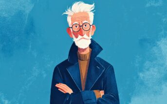 An illustration of an older man with white hair and a beard, wearing round glasses, a dark coat with the collar up, and a brown sweater, standing with arms crossed against a blue background.