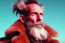 A distinguished older man with a dramatic white beard and styled hair wears a thick, luxurious fur coat and a heavy chain necklace, gazing upward against a clear turquoise sky.