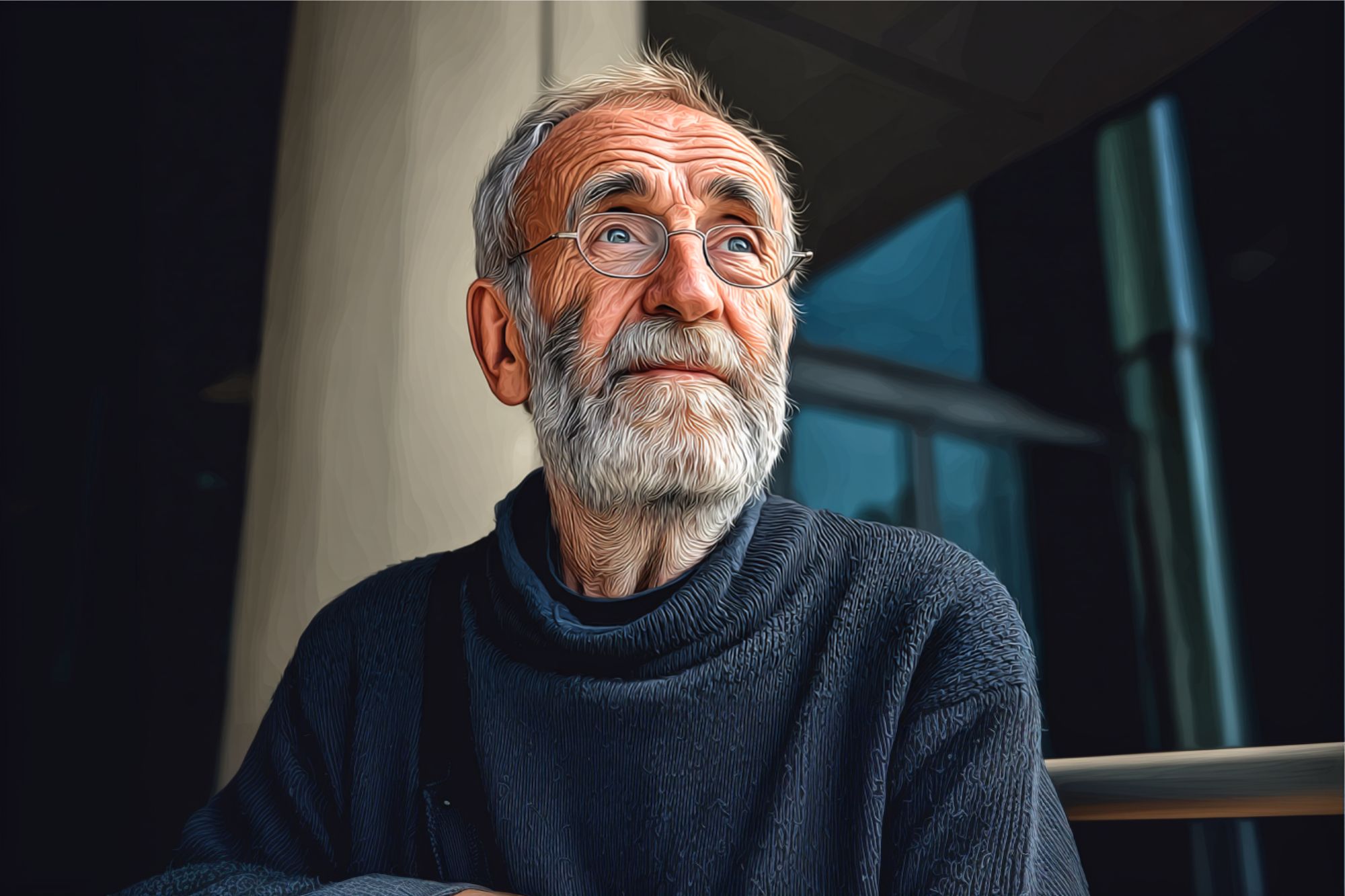 An elderly man with glasses and a white beard, wearing a dark sweater, sits indoors and looks thoughtfully into the distance, illuminated by soft light from a window.