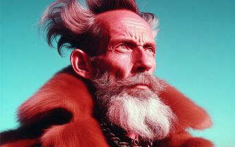 A distinguished older man with a dramatic white beard and styled hair wears a thick, luxurious fur coat and a heavy chain necklace, gazing upward against a clear turquoise sky.