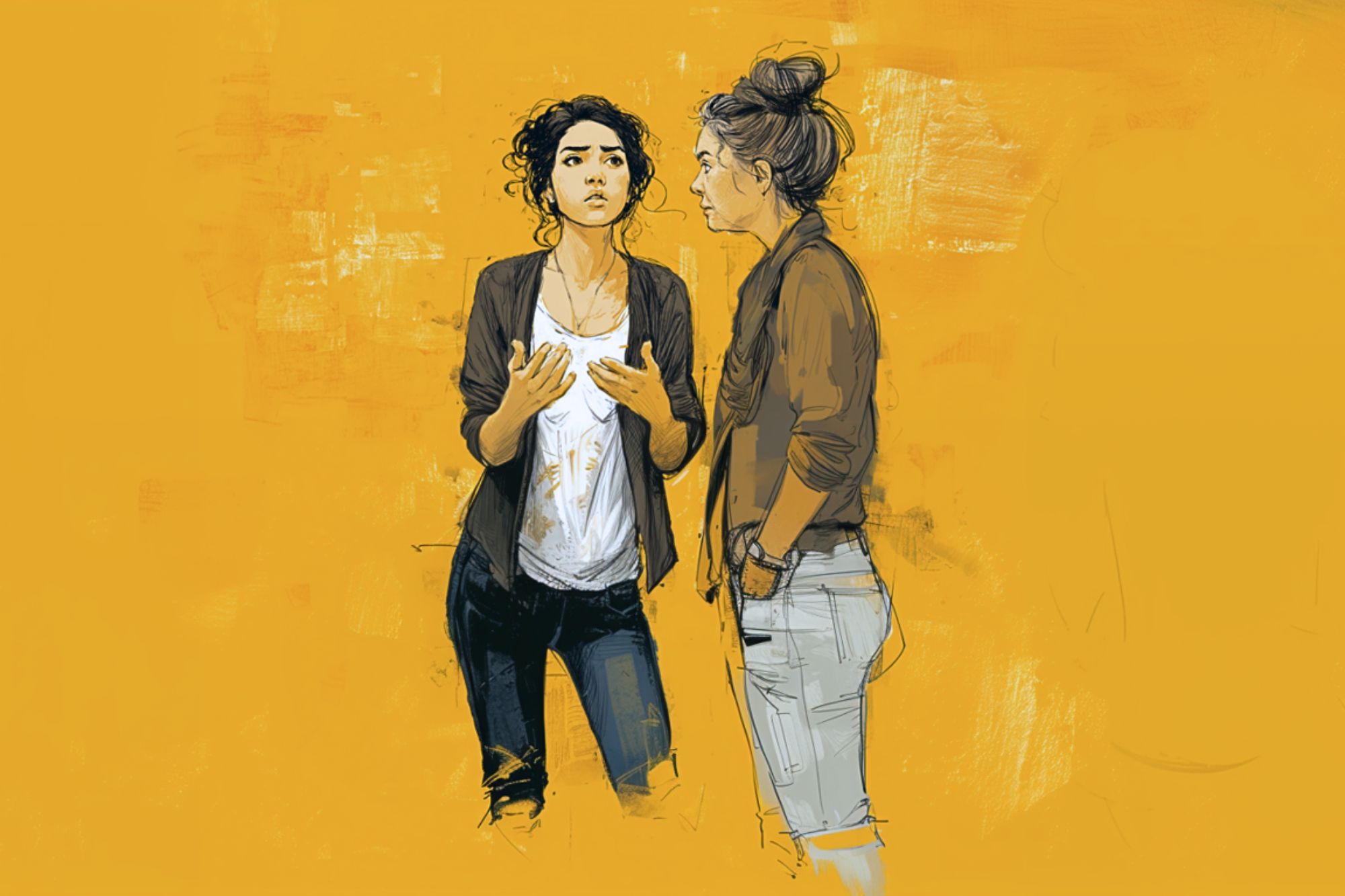 Two women stand facing each other against a textured yellow background. One gestures with her hands while speaking, and the other listens with her hands in her pockets. Both appear engaged in conversation.