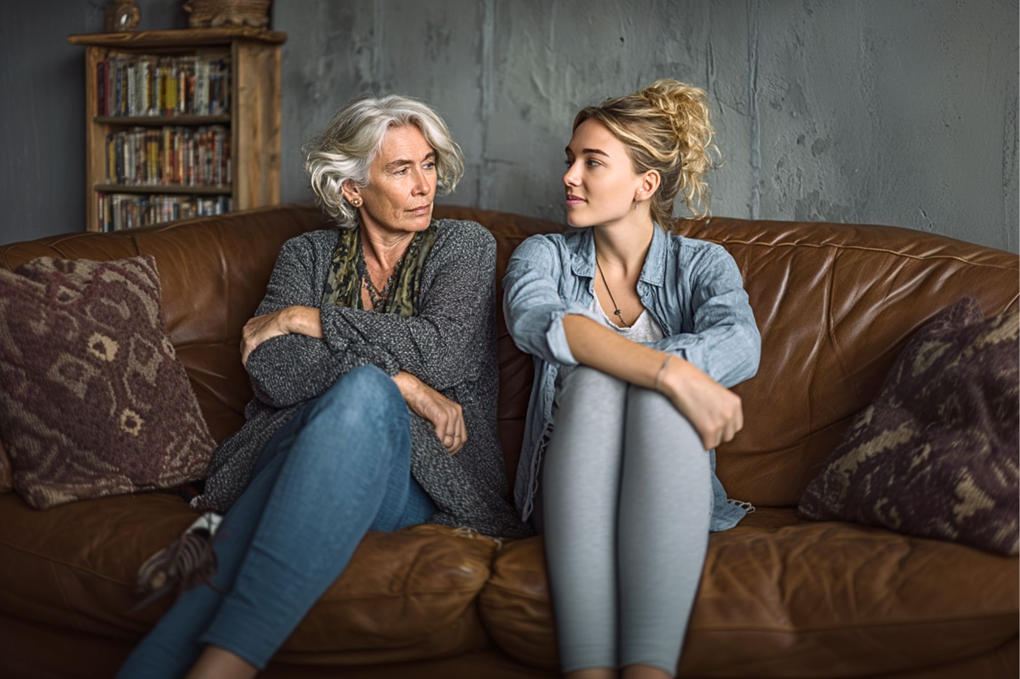 An older woman with gray hair and a younger woman with blonde hair sit on a brown leather couch, facing each other, arms crossed, and making eye contact in a cozy living room setting.