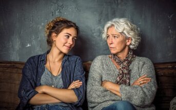 A young woman and an older woman sit side by side on a couch with their arms crossed; the young woman is smiling while the older woman looks serious. Both face each other against a dark, textured wall.