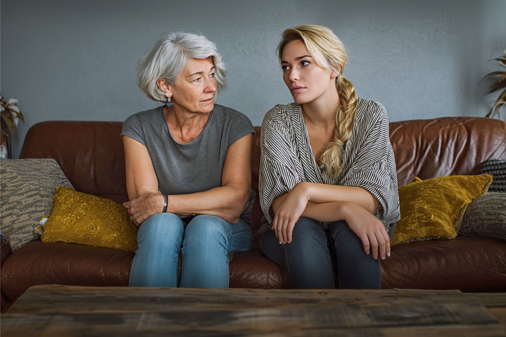 Two women sit on a brown couch, facing each other. The older woman looks concerned, while the younger woman looks away, appearing upset. Both have light hair and casual clothes. Cozy cushions and plants are in the background.