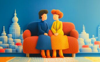 Two women with stylized, cartoon-like features sit on a red couch, facing each other, in a colorful room with a blue cityscape backdrop and patterned carpet. Both wear long dresses, one blue, one yellow.
