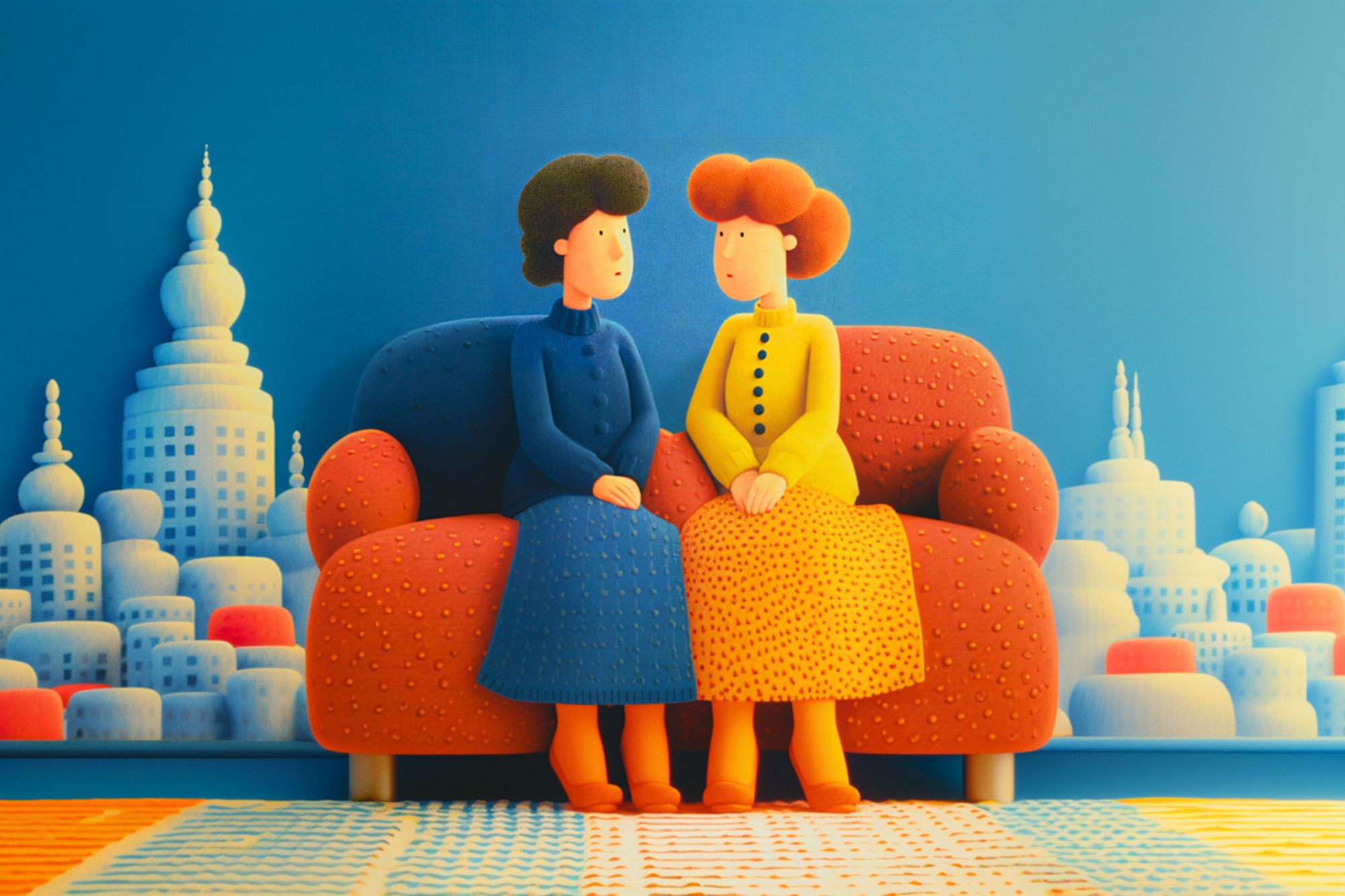 Two women with stylized, cartoon-like features sit on a red couch, facing each other, in a colorful room with a blue cityscape backdrop and patterned carpet. Both wear long dresses, one blue, one yellow.