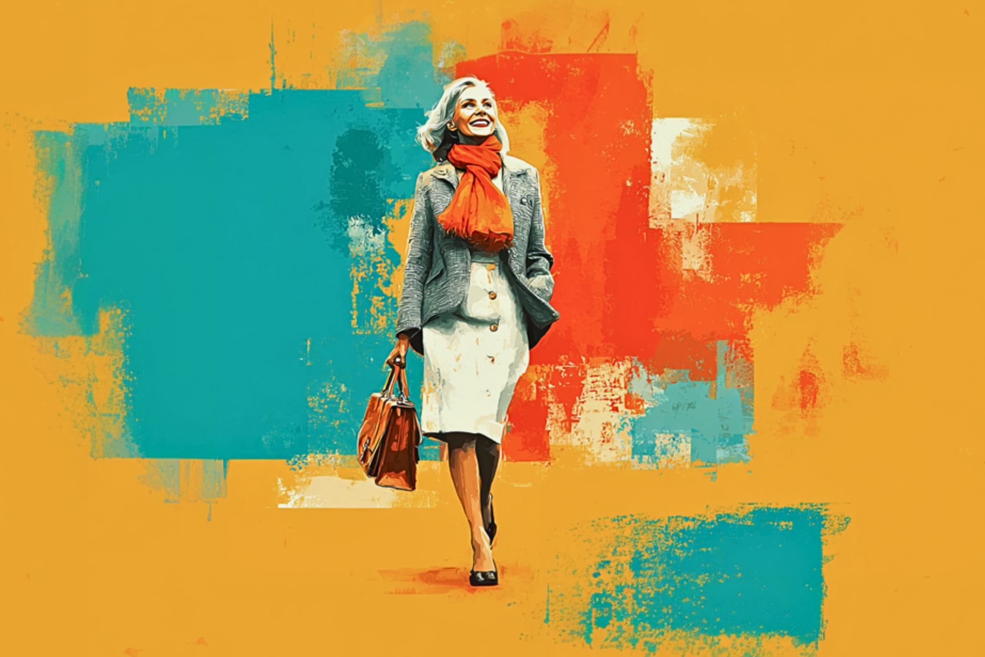 A stylish woman with white hair, wearing a gray jacket, white dress, red scarf, and carrying a brown handbag, walks confidently against a colorful abstract background in yellow, teal, and orange tones.