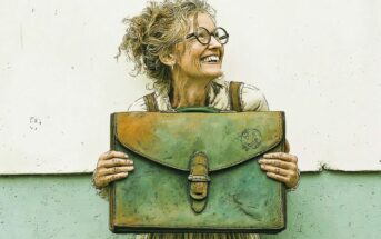 Smiling woman with curly hair and round glasses holds a large, vintage green leather briefcase in front of her against a two-tone wall.