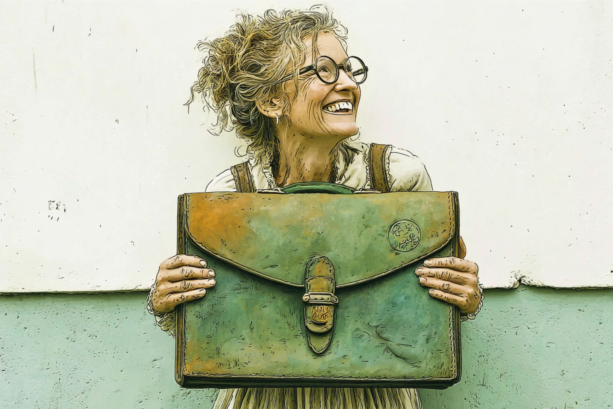 Smiling woman with curly hair and round glasses holds a large, vintage green leather briefcase in front of her against a two-tone wall.