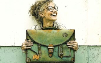 An older woman with curly hair and round glasses smiles while holding a large, worn green satchel in front of her, standing against a two-toned wall.