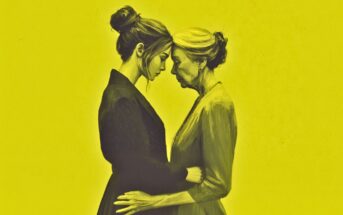 A young woman and an older woman stand face to face, gently touching foreheads and holding each other’s arms, set against a bright yellow background.