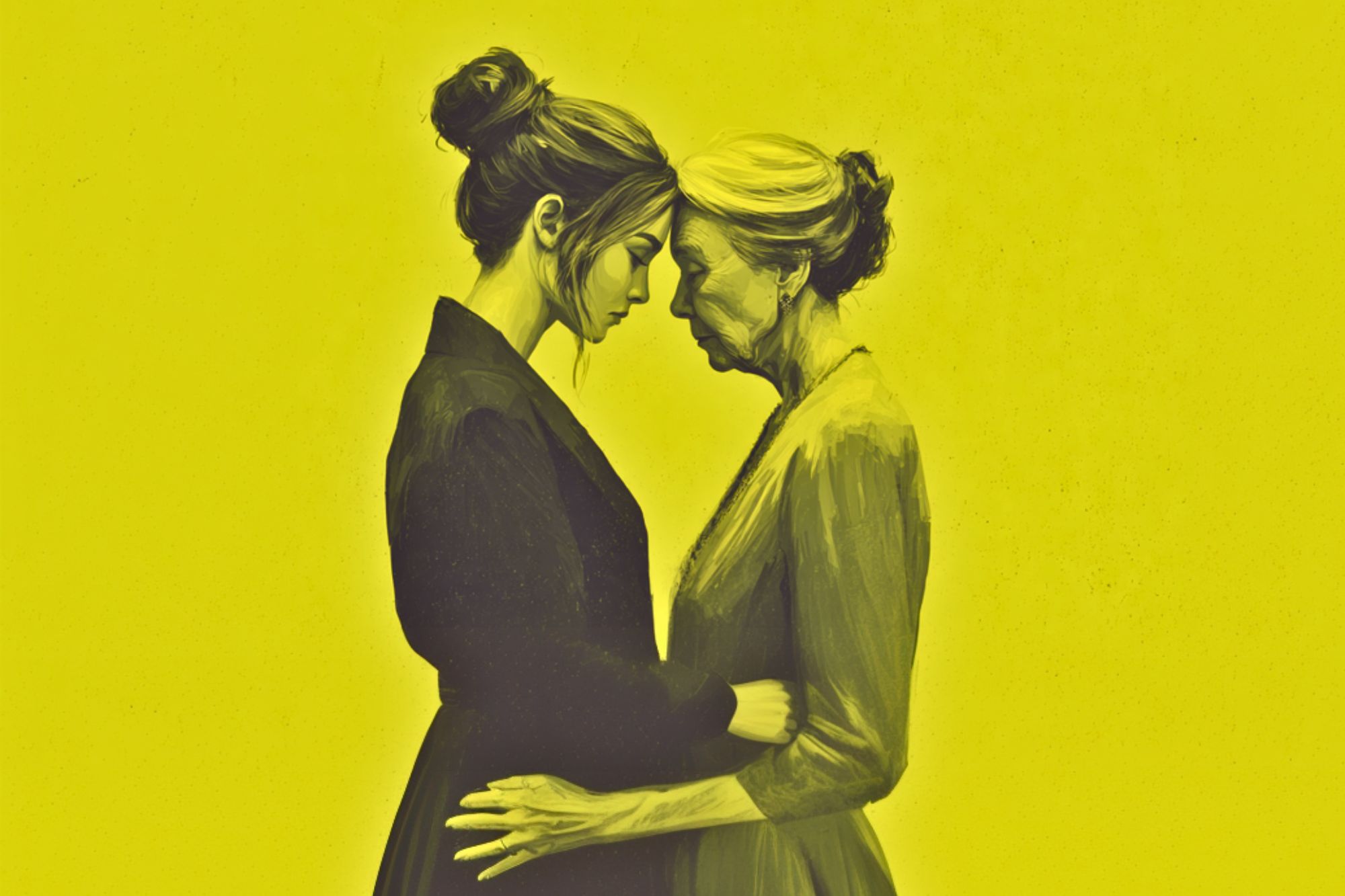 A young woman and an older woman stand face to face, gently touching foreheads and holding each other’s arms, set against a bright yellow background.