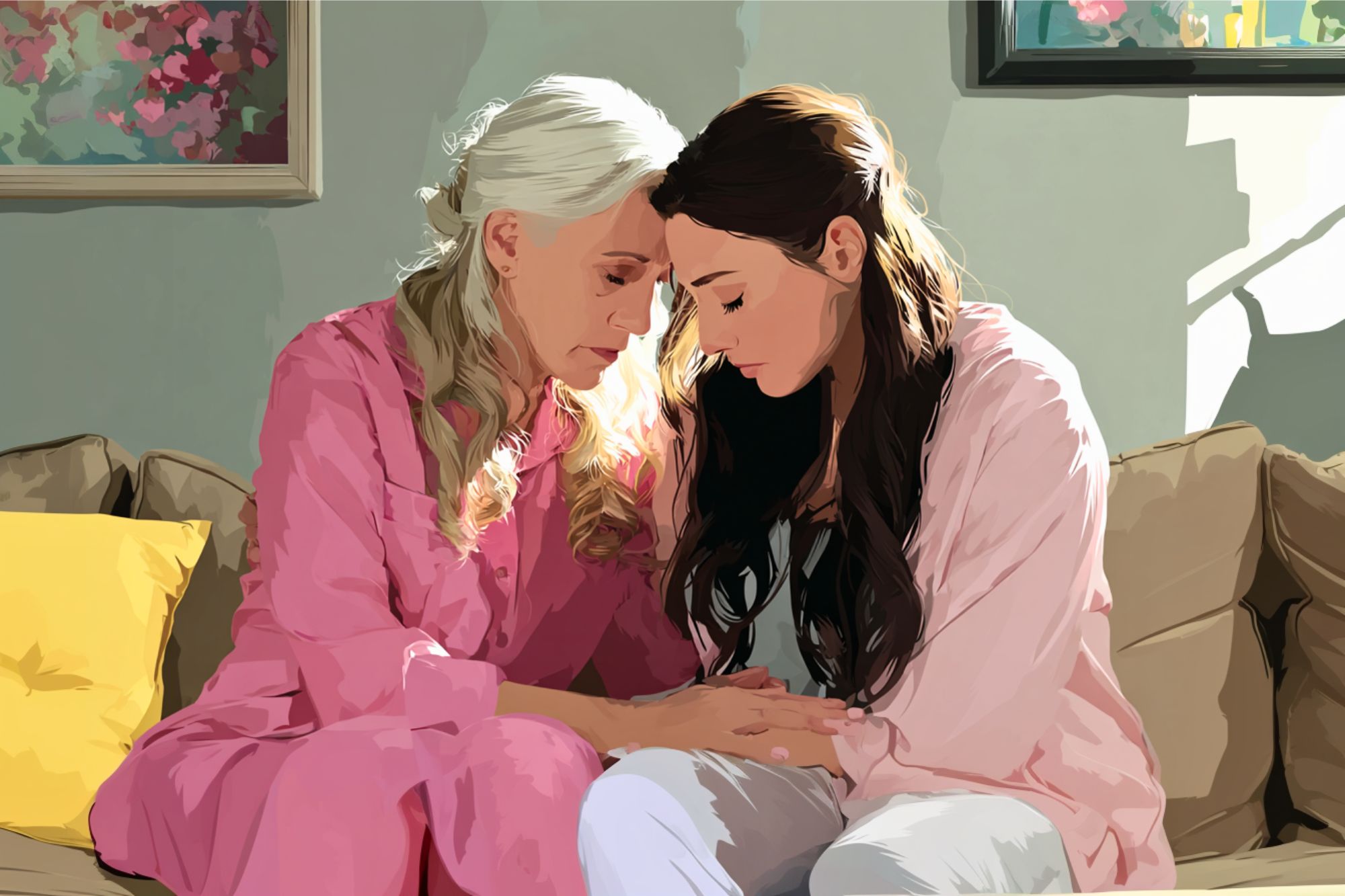 An older woman and a younger woman sit close together on a couch, both wearing pink pajamas. They touch foreheads and hold hands, sharing a comforting, emotional moment. Sunlight streams in from the side.