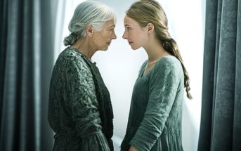 An elderly woman and a young woman stand face to face, gazing intently at each other. Both wear textured green dresses, and soft light streams in from behind, highlighting their expressions and features.