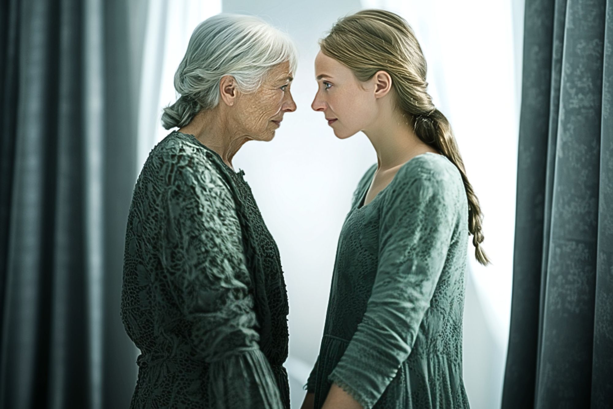 An elderly woman and a young woman stand face to face, gazing intently at each other. Both wear textured green dresses, and soft light streams in from behind, highlighting their expressions and features.