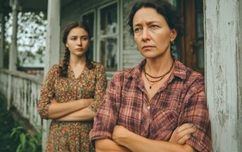 Two women stand on a porch with arms crossed, looking serious. The older woman is in the foreground wearing a plaid shirt; the younger woman is behind her, wearing a floral dress. The scene appears tense and somber.