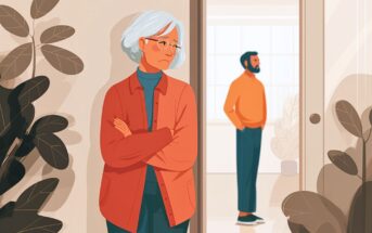 An older woman with gray hair and glasses stands with arms crossed, looking upset. In the background, a man stands in another room, looking away. The scene is indoors with plants nearby.