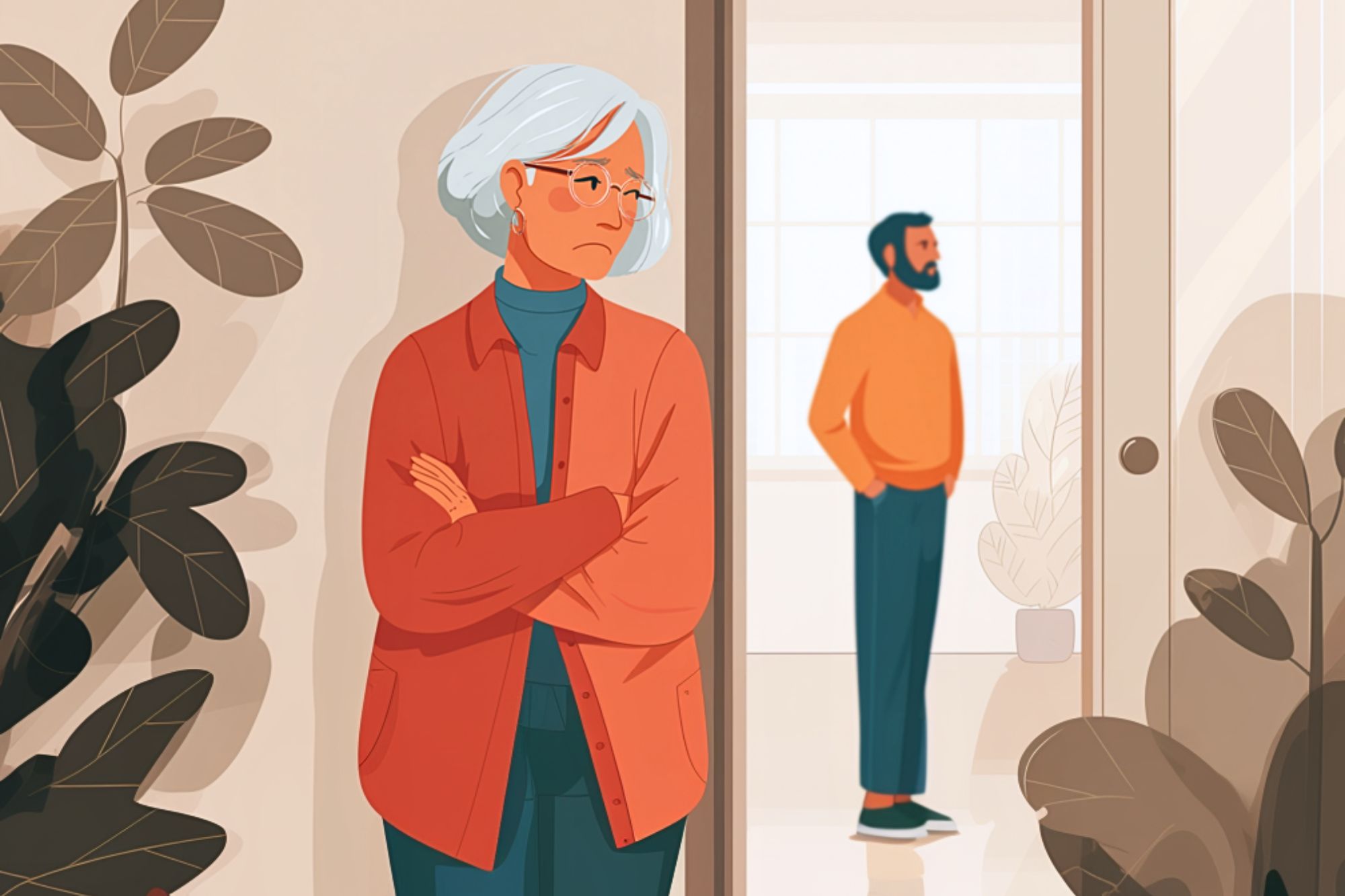 An older woman with gray hair and glasses stands with arms crossed, looking upset. In the background, a man stands in another room, looking away. The scene is indoors with plants nearby.