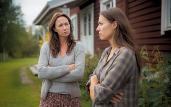 Two women stand outside near a red wooden house, facing each other with arms crossed. Both appear serious and deep in thought, suggesting a tense or emotional conversation. Green grass and plants are visible around them.
