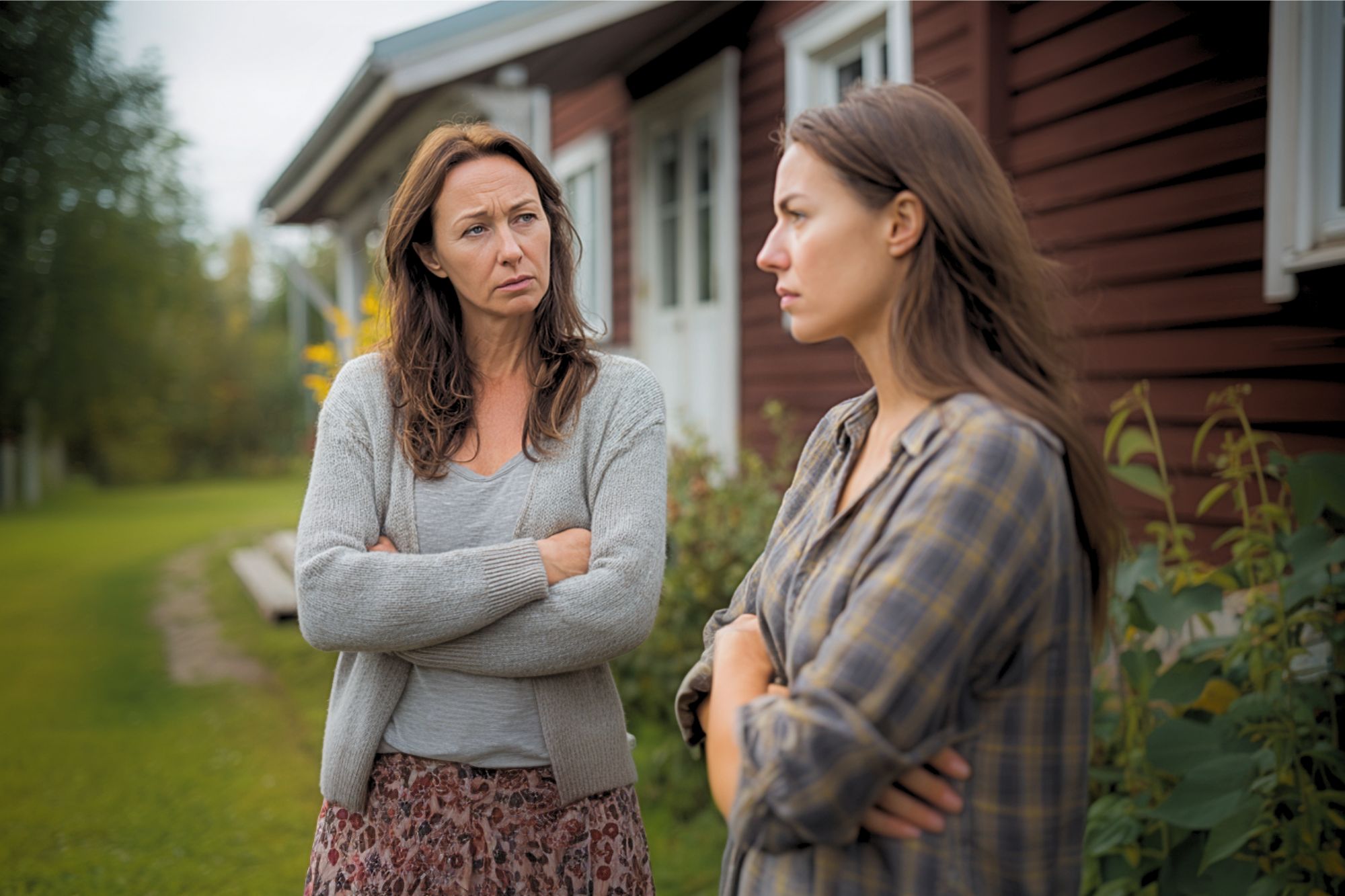 Two women stand outside near a red wooden house, facing each other with arms crossed. Both appear serious and deep in thought, suggesting a tense or emotional conversation. Green grass and plants are visible around them.
