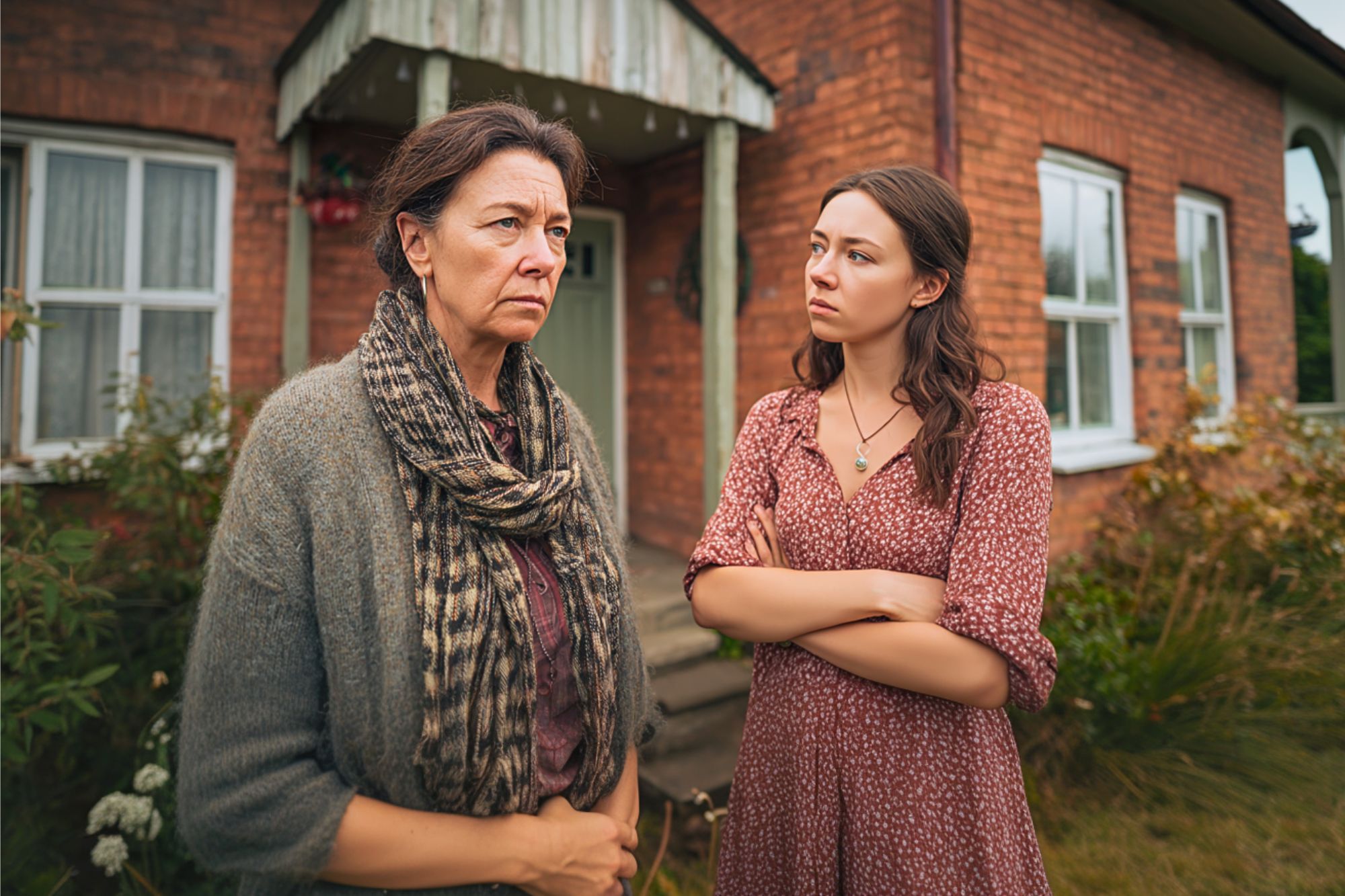 Two women stand outside a brick house, arms crossed, looking at each other with serious expressions. One wears a gray scarf and sweater, the other a red dress. The scene suggests tension or disagreement.
