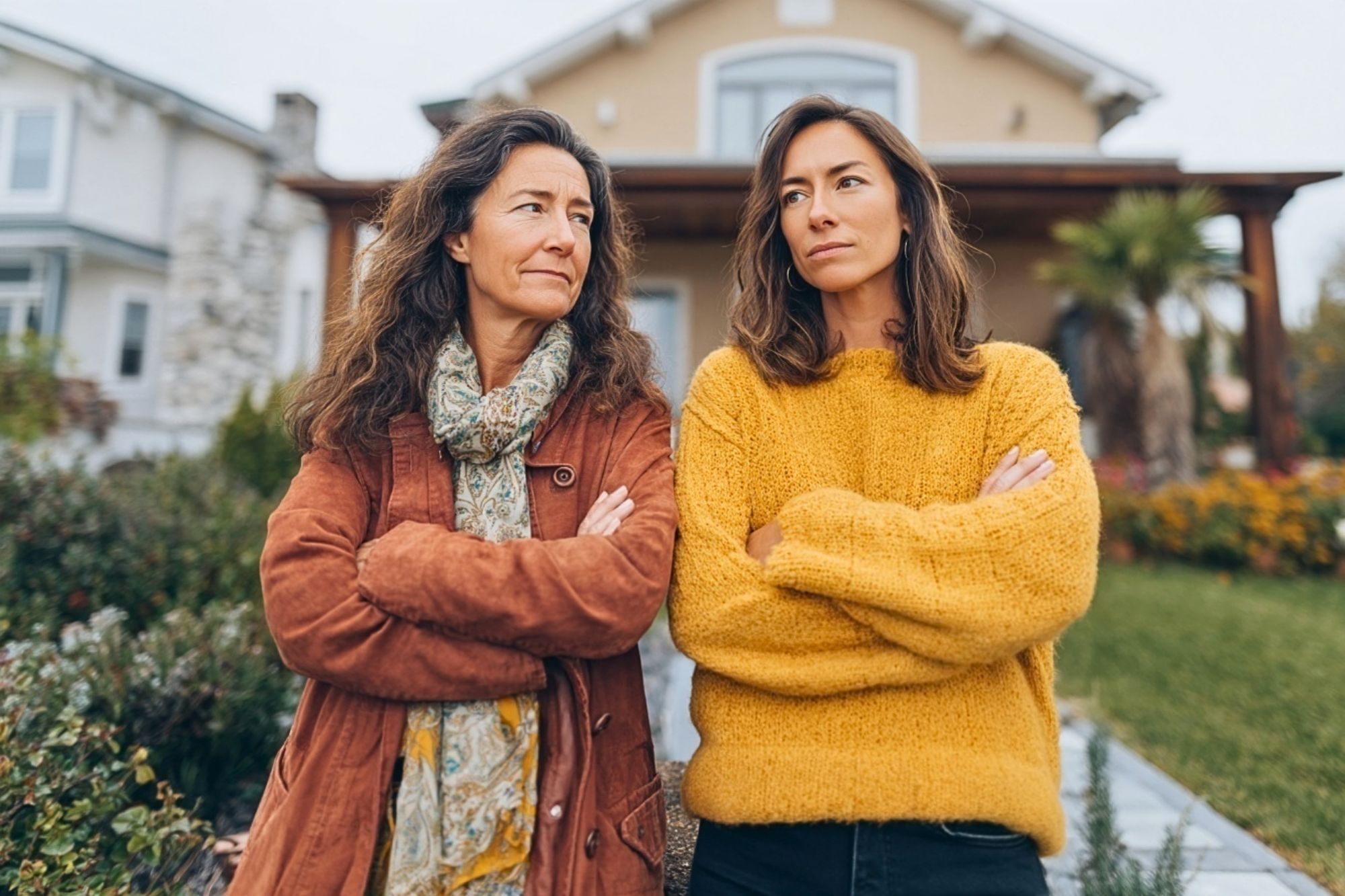 Two women standing with their arms crossed in front of a house, looking in opposite directions.