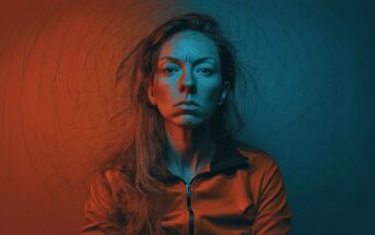 A woman with long hair sits against a background split into red on the left and blue on the right; her face is illuminated by both colors and a textured, artistic filter gives the image a surreal, painted effect.