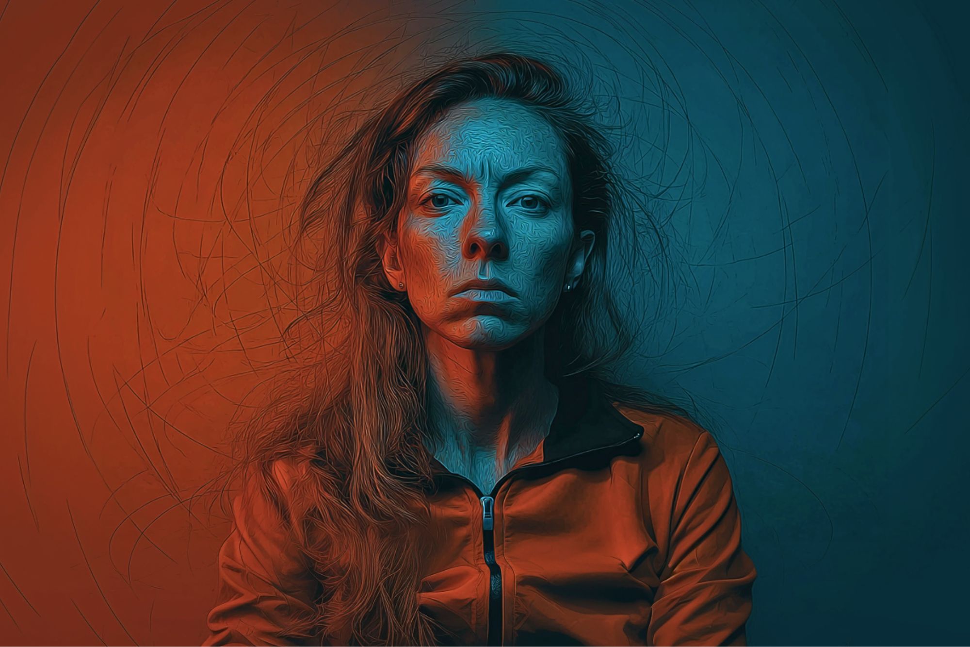 A woman with long hair sits against a background split into red on the left and blue on the right; her face is illuminated by both colors and a textured, artistic filter gives the image a surreal, painted effect.